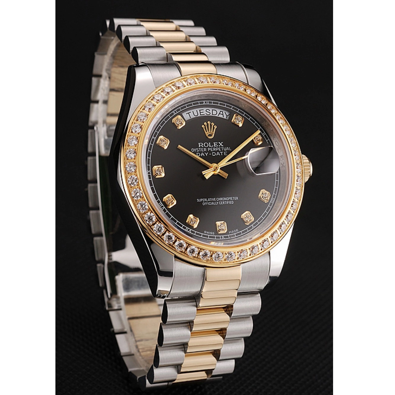 Aaa replica watch Rolex Diamond Gold Tone Dial Two Swiss Stainless Bracelet Black Steel Case Day-Date 1453975 0817